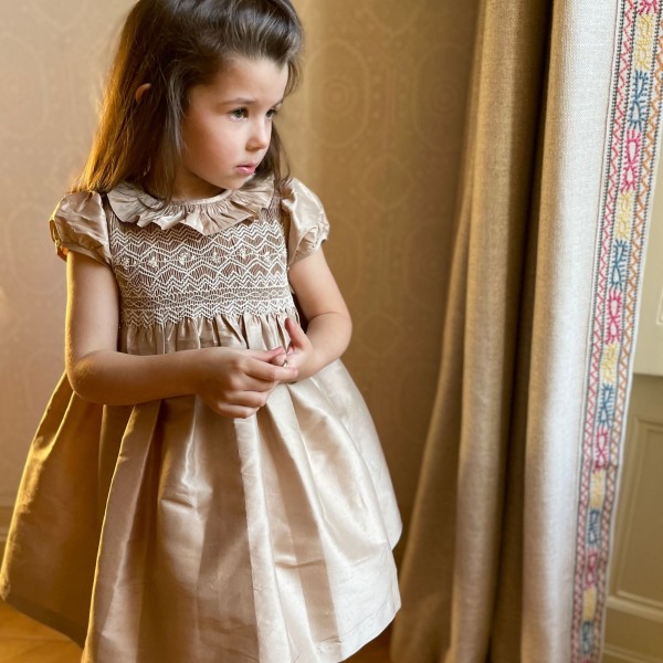 Diana Special Occasion Dress Champagne Silk with Gypsophila Hand Smocking Diana Special Occasion Dress Champagne Silk with Gypsophila Hand Smocking