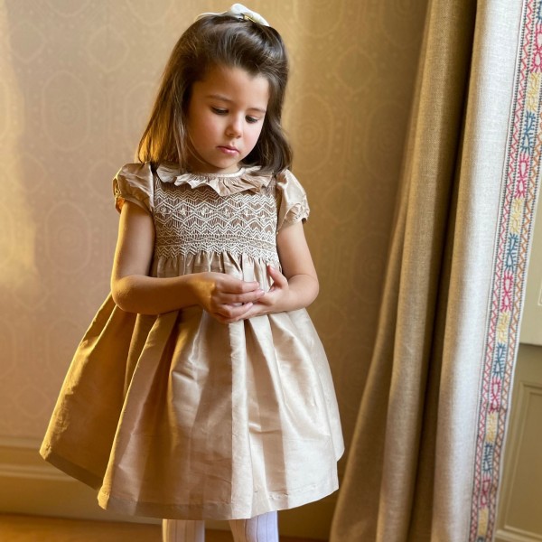 Diana Special Occasion Dress Champagne Silk with Gypsophila Hand Smocking Diana Special Occasion Dress Champagne Silk with Gypsophila Hand Smocking