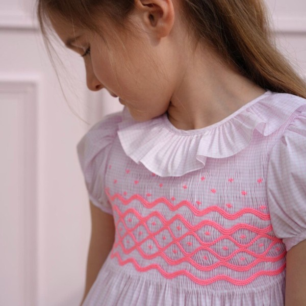 Katherine Johnson Dress Pink Grid Cotton with Strawberrylicious Hand Smocking