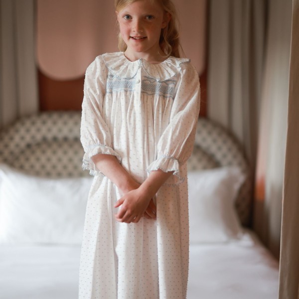 Nightingale Girl's Dress Forget Me Not Plumetti with Delphinium Hand Smocking