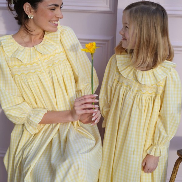 Nightingale Girl's Dress Primrose Gingham with Daffodil Hand Smocking Nightingale Girl's Dress Primrose Gingham with Daffodil Hand Smocking