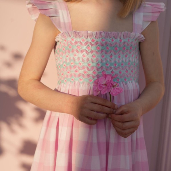 Rachel Carson Girls Dress Candy Floss Gingham with Spearmint Hand Smocking