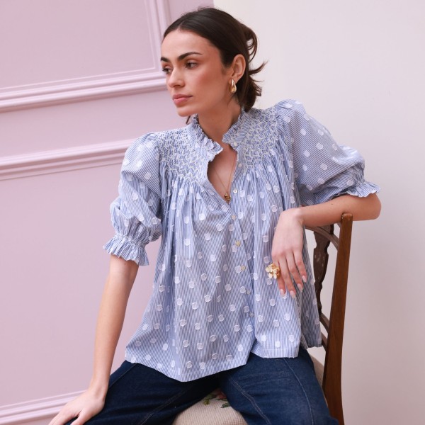 Scholl Blouse Bubble Weave Cotton with Double Cream Hand Smocking Edition 60 Scholl Blouse Bubble Weave Cotton with Double Cream Hand Smocking Edition 60