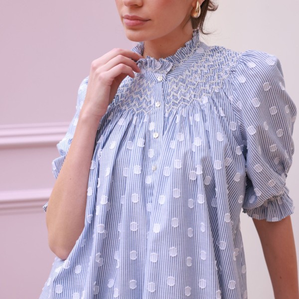 Scholl Blouse Bubble Weave Cotton with Double Cream Hand Smocking Edition 60 Scholl Blouse Bubble Weave Cotton with Double Cream Hand Smocking Edition 60