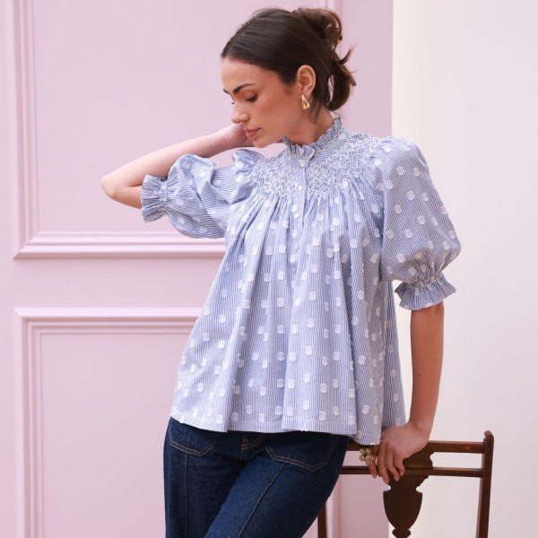Scholl Blouse Bubble Weave Cotton with Double Cream Hand Smocking Edition 60 Scholl Blouse Bubble Weave Cotton with Double Cream Hand Smocking Edition 60