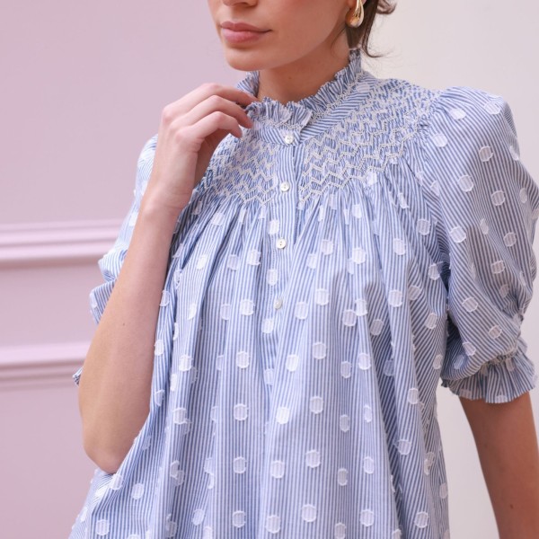 Scholl Blouse Bubble Weave Cotton with Double Cream Hand Smocking Edition 60 Scholl Blouse Bubble Weave Cotton with Double Cream Hand Smocking Edition 60