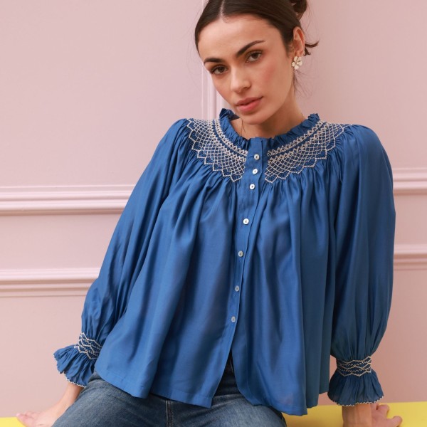 Cleopatra Blouse Cobalt Silk Cotton Sapphire with Vanilla Hand Smocking Edition 33 Cleopatra Blouse Cobalt Silk Cotton Sapphire with Vanilla Hand Smocking Edition 33