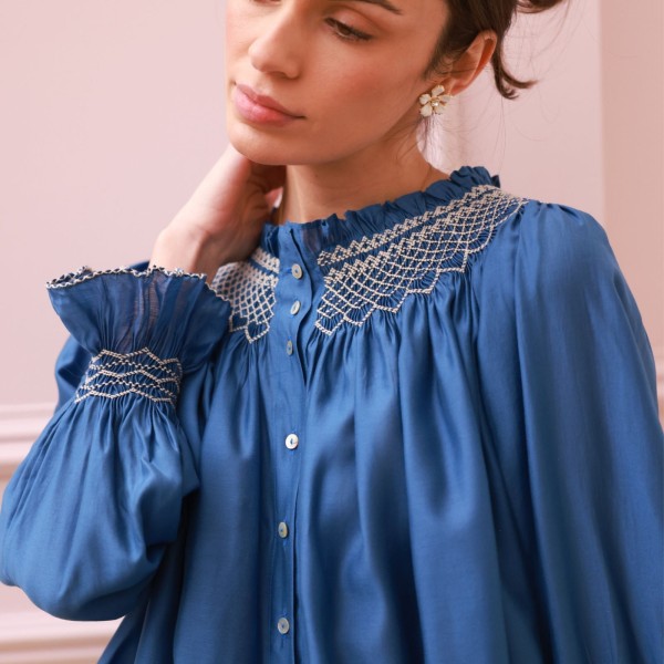Cleopatra Blouse Cobalt Silk Cotton Sapphire with Vanilla Hand Smocking Edition 33 Cleopatra Blouse Cobalt Silk Cotton Sapphire with Vanilla Hand Smocking Edition 33