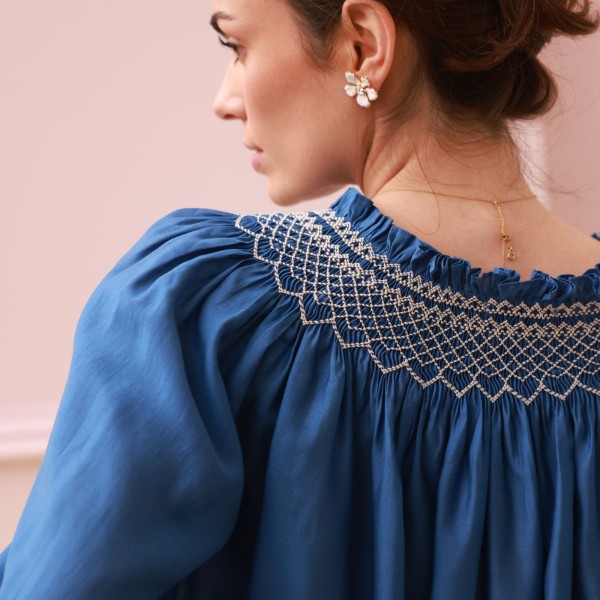 Cleopatra Blouse Cobalt Silk Cotton Sapphire with Vanilla Hand Smocking Edition 33 Cleopatra Blouse Cobalt Silk Cotton Sapphire with Vanilla Hand Smocking Edition 33