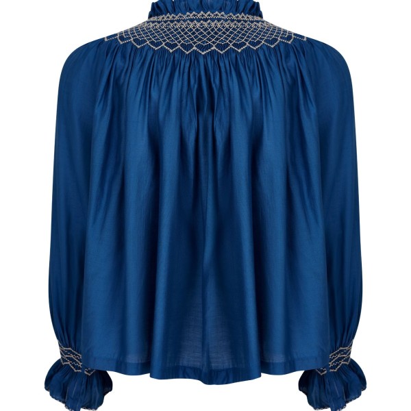 Cleopatra Blouse Cobalt Silk Cotton Sapphire with Vanilla Hand Smocking Edition 33 Cleopatra Blouse Cobalt Silk Cotton Sapphire with Vanilla Hand Smocking Edition 33