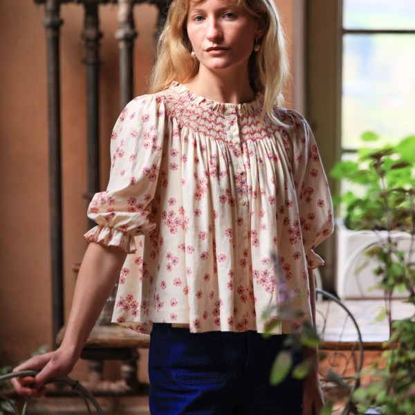 Cleopatra Blouse Painted Petals with Blush Hand Smocking Edition 38
