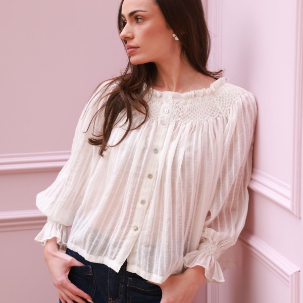 Cleopatra Blouse White Stripe Cotton Muslin with milk Hand Smocking Edition 37
