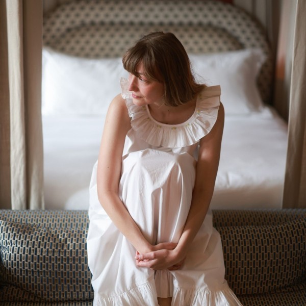 Memo Press x Smock London Women's Alice Dress Moonstone with Yellow Rose Hand Smocking
