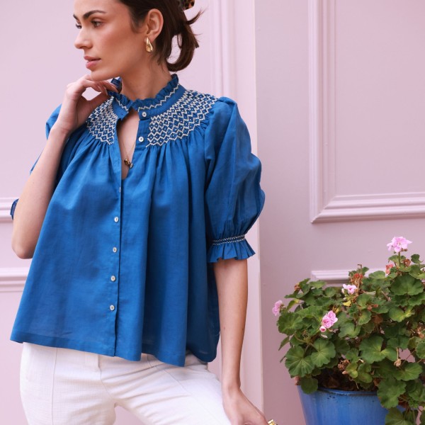 Scholl Blouse Cobalt Linen with Vanilla Hand Smocking Edition 54 Scholl Blouse Cobalt Linen with Vanilla Hand Smocking Edition 54