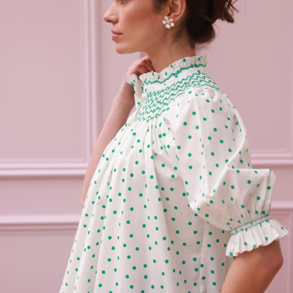 Scholl Blouse Frog Polka cotton with Jade Hand Smocking Edition 59