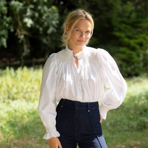 Scholl Women's Blouse White with Ivory Hand Smocking Scholl Women's Blouse White with Ivory Hand Smocking